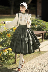 White/Green Country Style Midsummer Sunflower Sweet Lolita Skirt Two-Piece Set - Product - 5