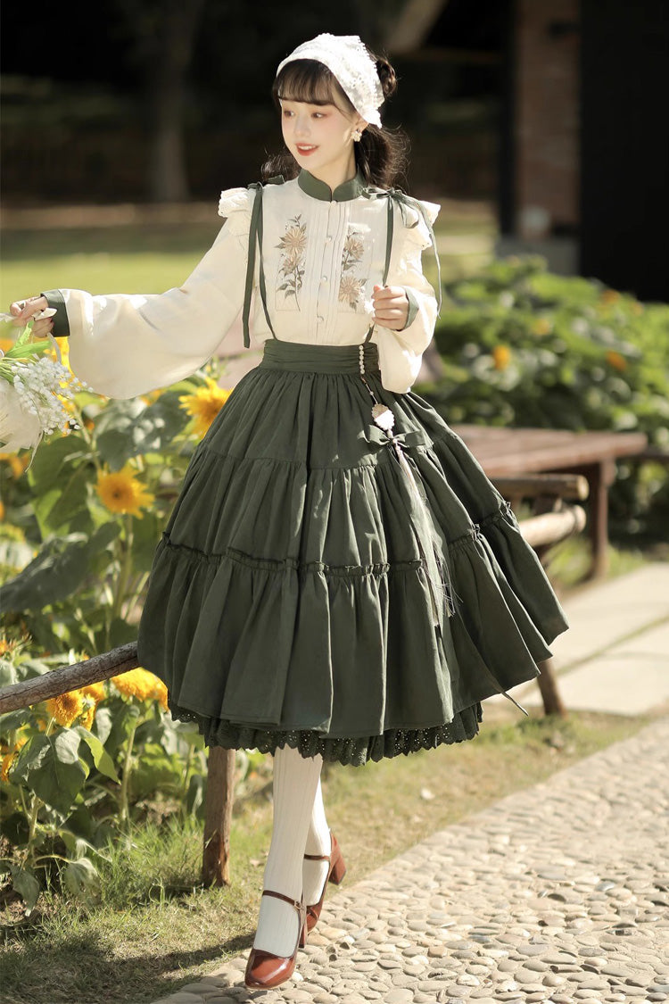White/Green Country Style Midsummer Sunflower Sweet Lolita Skirt Two-Piece Set - Product - 5