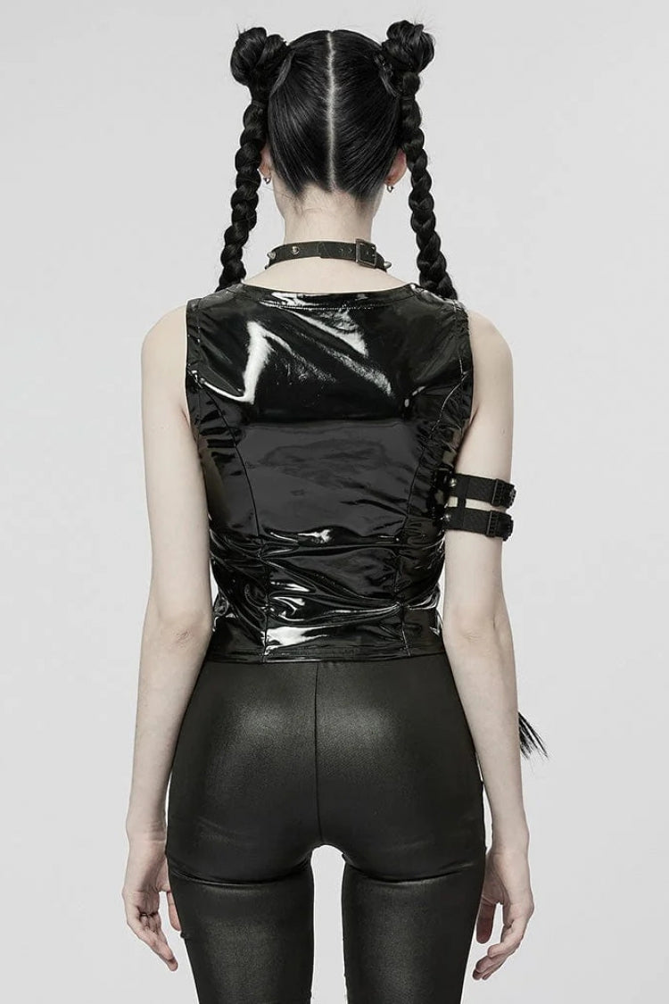 Black Patent Leather Hollow Slim Womens Steampunk Vest - Product - 3