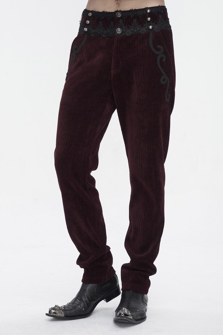 Red High Waisted Lace Splice Men's Gothic Pants - Product - 3