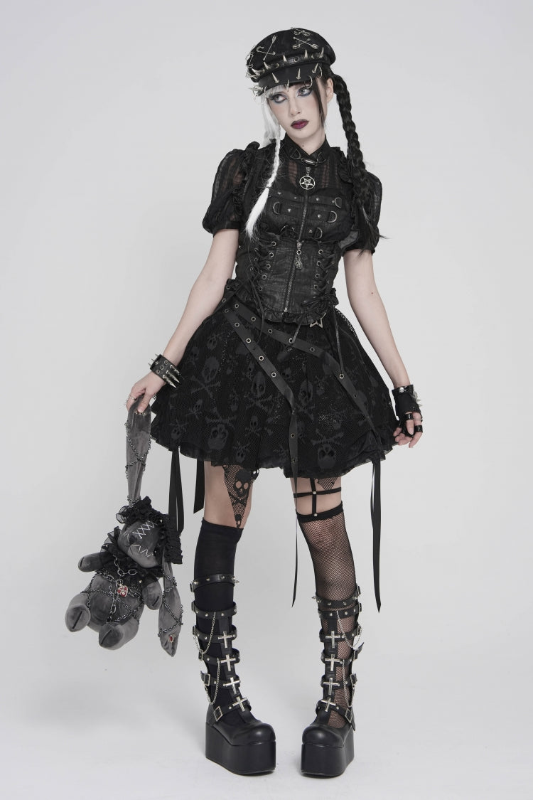 Black Double-Layered Lace Lace-Up Irregular Mesh Eyelet Women's Punk Skirt - Product - 2