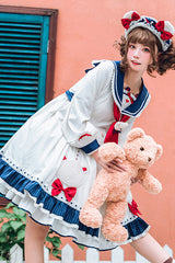White College Style Navy Collar Chiffon Sea White Bear Print Bowknot Ruffled Sweet Lolita OP Dress - Product - 3