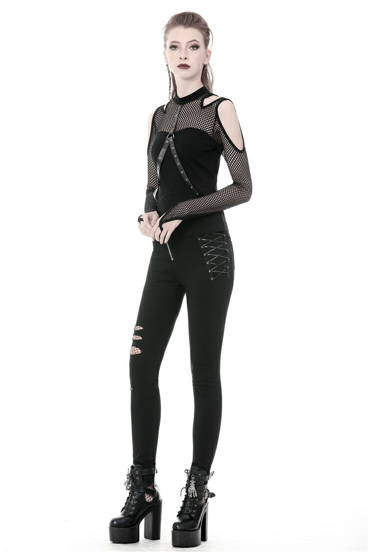 Black Off Shoulder Long Sleeves Mesh Crossed Harness Straps Eyelet Sexy Women's Punk Top - Product - 9