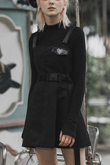 Black High Waist Belted PU Leather Strap Irregular Women's Steam Punk Dress - Black - 1