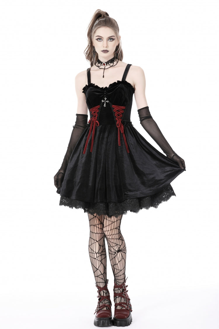 Black/Red Cross Lace-Up Strappy Women's Gothic Velvet Slip Dress - Product - 5