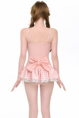 Pink Sleeveless Printed Ruffled Bow Lace Lolita Swimsuit - Product - 4