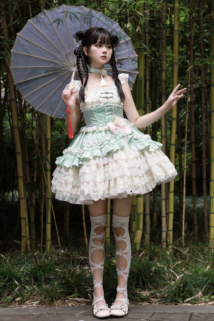 Ancient Poetry Print Multi-layer Ruffle Bowknot Lace Sweet Chinese Style Lolita Tiered Dress 2 Colors - Product - 8