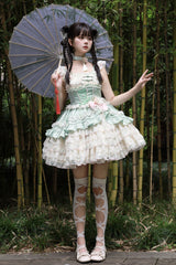 Ancient Poetry Print Multi-layer Ruffle Bowknot Lace Sweet Chinese Style Lolita Tiered Dress 2 Colors - Product - 8
