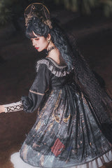 Black Long Sleeves Mist Print Classic Lolita OP Dress - Product - 4
