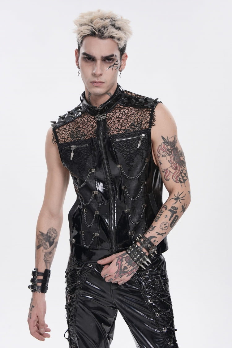 Black Spliced Mesh Studded Buckled Zippered Chain-Decorated Eyelet Men's Punk Cool Vest - Product - 12