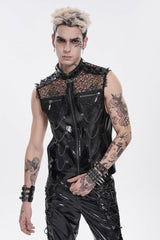 Black Spliced Mesh Studded Buckled Zippered Chain-Decorated Eyelet Men's Punk Cool Vest - Product - 12