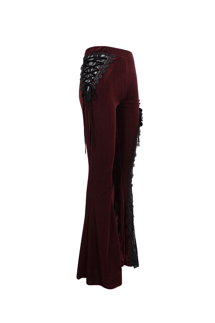 Red Velvet Single Side Stitching Rose Net Side Rope Decoration Asymmetric Pattern Flare Women's Gothic Pants - Product - 10
