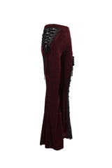 Red Velvet Single Side Stitching Rose Net Side Rope Decoration Asymmetric Pattern Flare Women's Gothic Pants - Product - 10