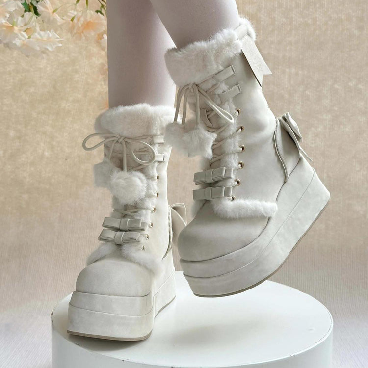 Beige Cute Platform Thick-Soled Bowknot Lace-Up Sweet Lolita Plush Boots - Product - 5