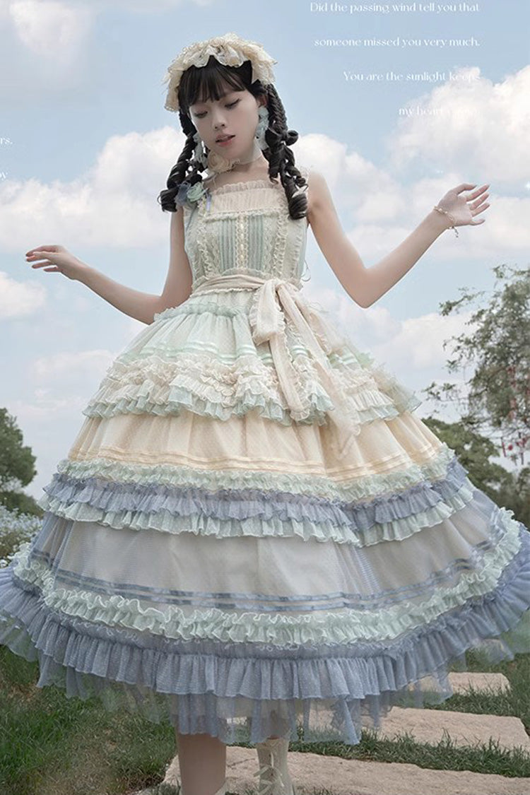 Rainbow Cloud Gradient Triple-Layered Ruffle Bowknot Sweet Lolita Jsk Dress 2 Colors - Product - 9