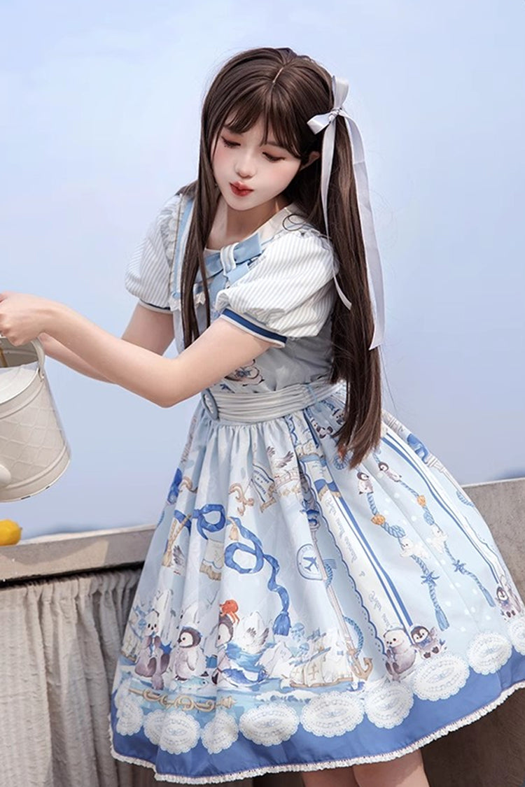 Blue [Penguin Navy] Short Sleeves Print Ruffle Bowknot Sweet Princess Lolita Dress - Product - 6