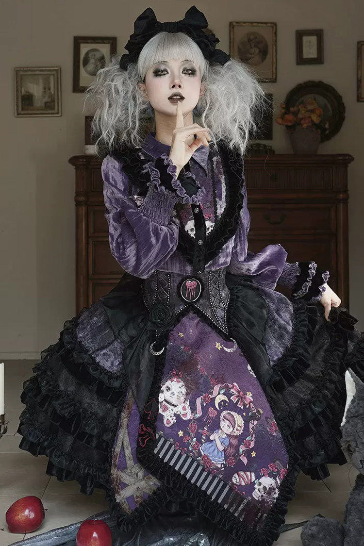 [Werewolf] Fairy Tale Lapel Collar Long Sleeves Printed Ruffled Open-Front Lace Heavy-Detailed Gothic Lolita Skirt Set (Red, Grey, Purple) - Product - 11