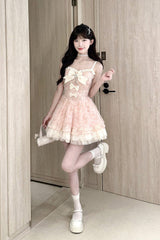 Pink Square Collar Sleeveless Multi-Layered Ruffled Embroidered Bow Pearl Detail Sweet Lolita Jsk Dress - Product - 7