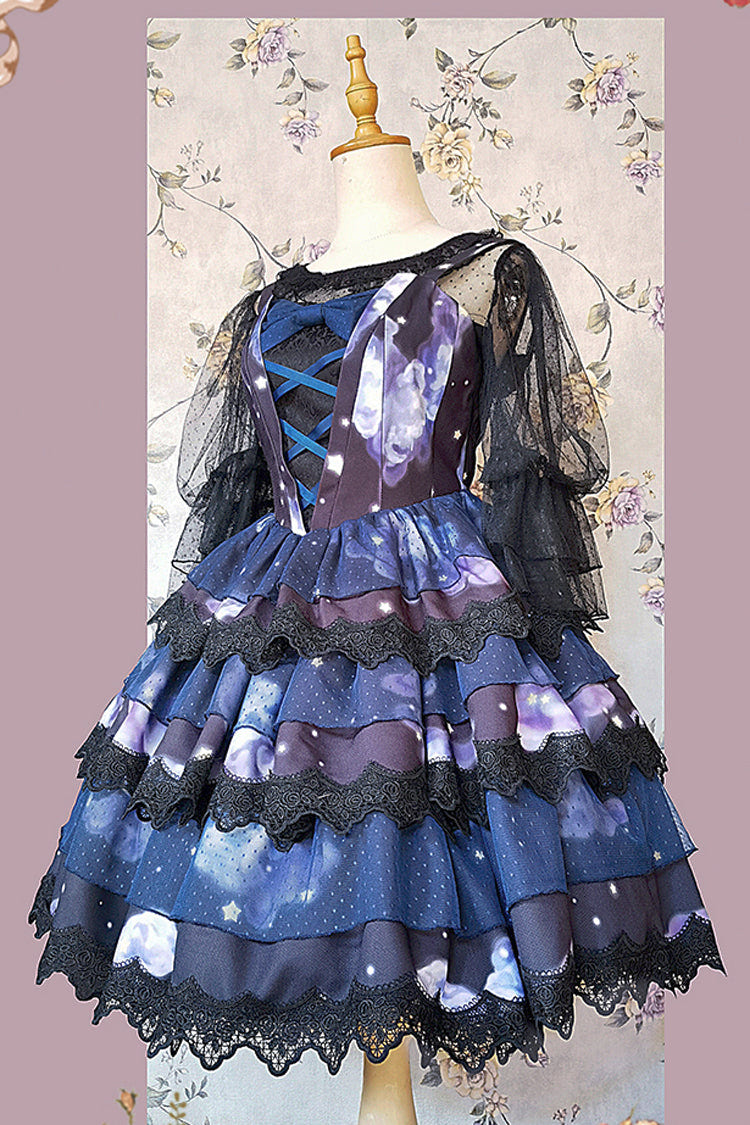 Blue Triple-Layered Clouds Print Ruffle Stitching Lace Sweet Lolita Dress - Product - 4