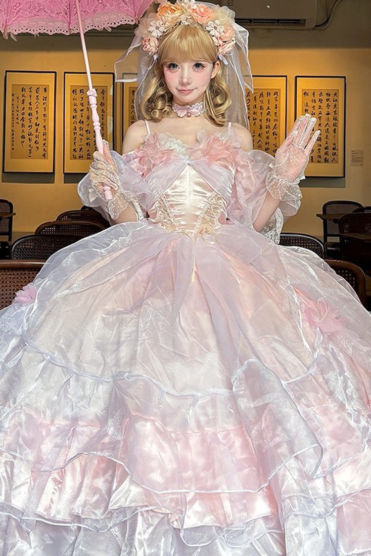 Pink Off Shoulder Short Sleeves Multi-Layered Ruffle Hanayome Bowknot Lace Sweet Plus Size Lolita Dress - Product - 4