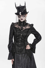 Black Stand Collar Long Sleeves Jacquard Hollow Lace Women's Gothic Blouse - Product - 3