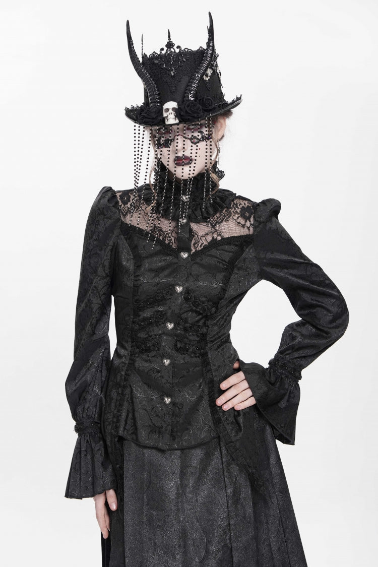 Black Stand Collar Long Sleeves Jacquard Hollow Lace Women's Gothic Blouse - Product - 3