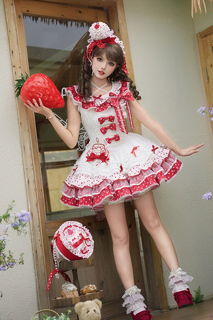 Red/White [Twin Bears] Sleeveless Triple-Layered Print Ruffle Bowknot Lace Sweet Lolita Jsk Dress - Product - 2