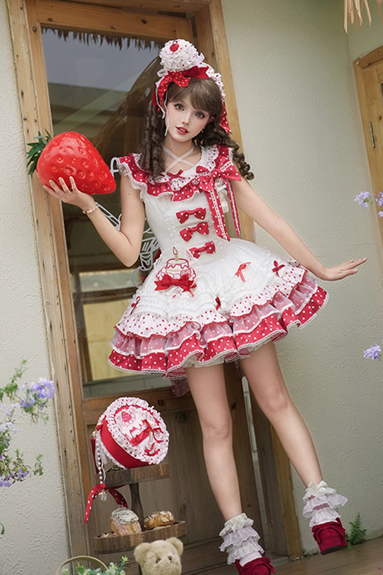 Red/White [Twin Bears] Sleeveless Triple-Layered Print Ruffle Bowknot Lace Sweet Lolita Jsk Dress - Product - 2