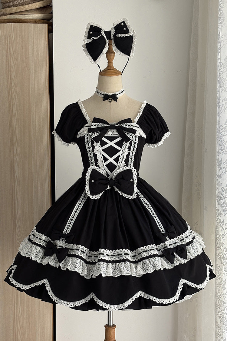 Black [Petal Bunny] Cotton Square Collar Short Sleeves Double-Layered Ruffled Bow Lace Lace-Up Sweet Lolita Dress - Product - 3
