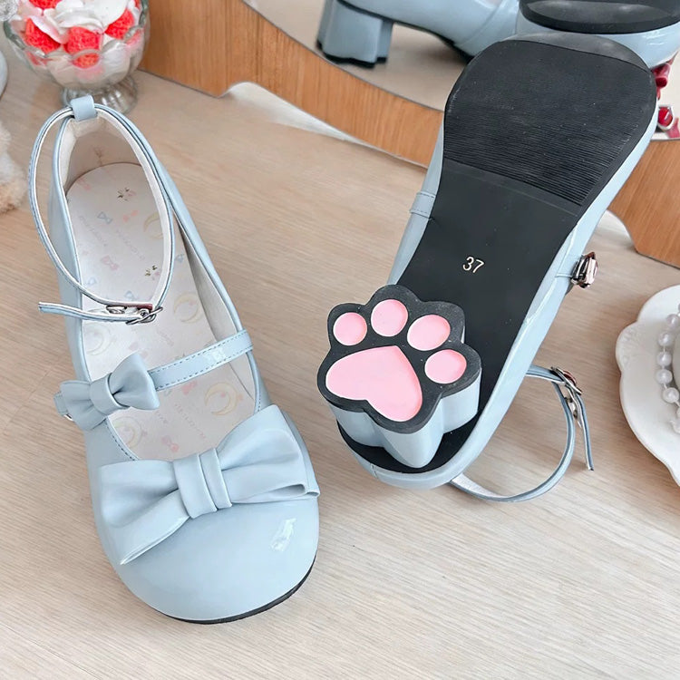 Round Toe Bow Mid Heel Lolita Mary Jane Shoes with Cat Paw Heels 7 Colors - Light-Blue - 6
