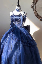 Bleu [Étoiles brillantes] Épaules dénudées volant nœud Robe asymétrique douce et élégante Princess Lolita