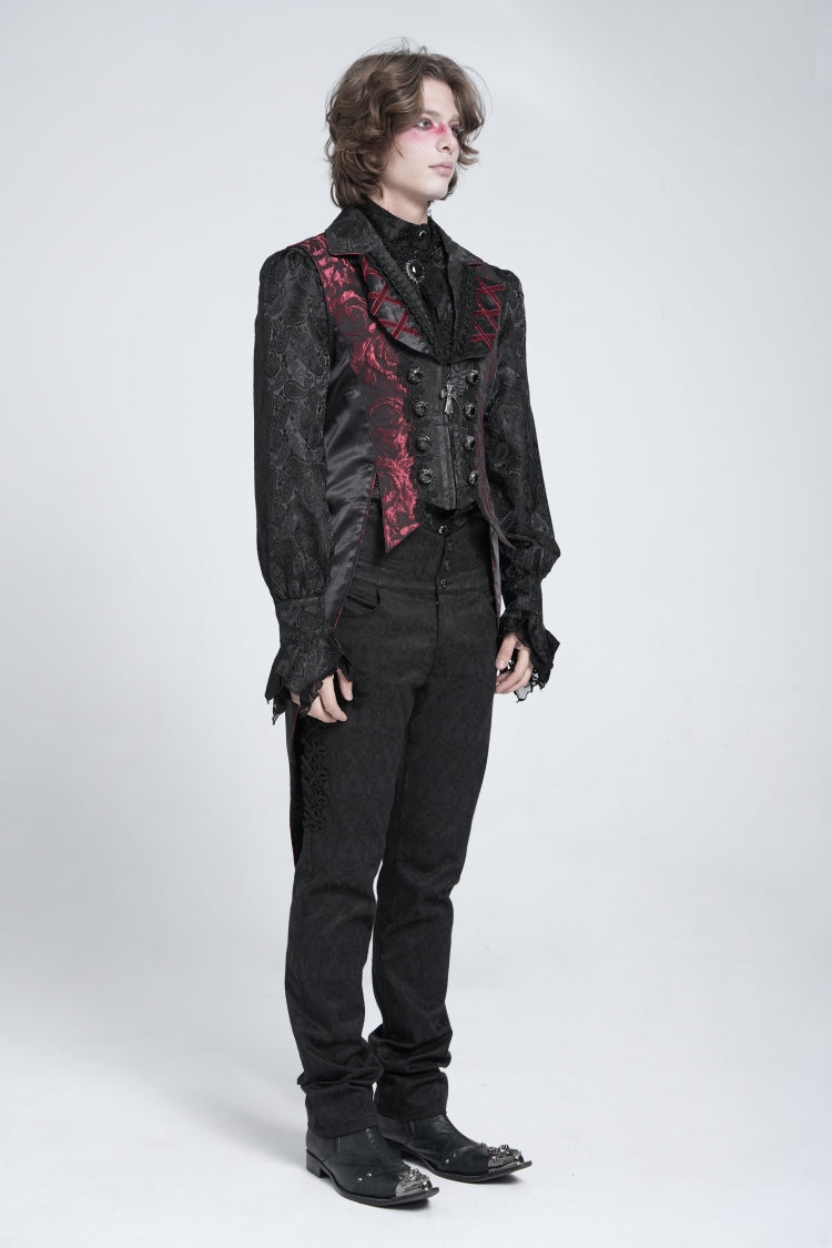 Black/Red Sleeveless Lace-Up Zipper Men's Gothic Swallow-tailed Vest - Product - 6
