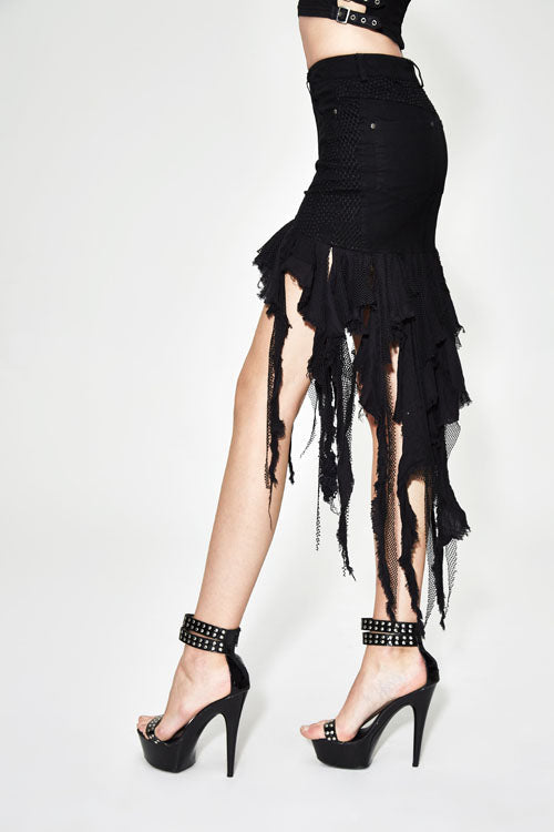 Black Punk Irregular Strip Tattered Sexy Womens Half Package Hip Skirt - Product - 2