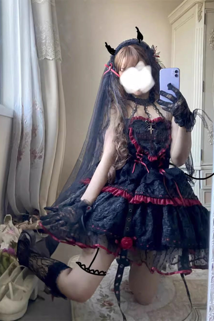 Black/Red Witch Vampire Rose Long Sleeves Print Ruffle Lace-Up Gothic Punk Lolita Dress - Product - 4