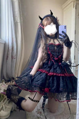 Black/Red Witch Vampire Rose Long Sleeves Print Ruffle Lace-Up Gothic Punk Lolita Dress - Product - 4