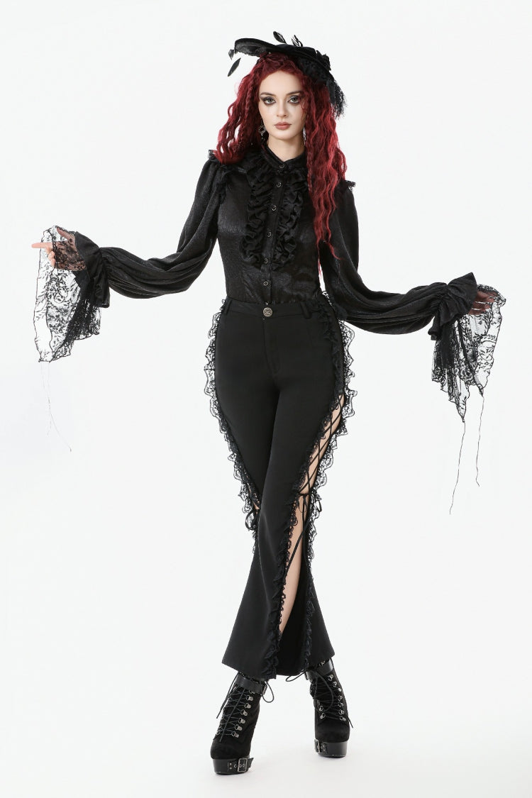 Black Long Lantern Sleeves Ruffled Spliced Lace Women's Gothic Blouse - Product - 8