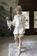 White [Candy Shop] V Collar Sleeveless Bow Lace Sweet Ouji Lolita Shorts Vest Set - Product - 6