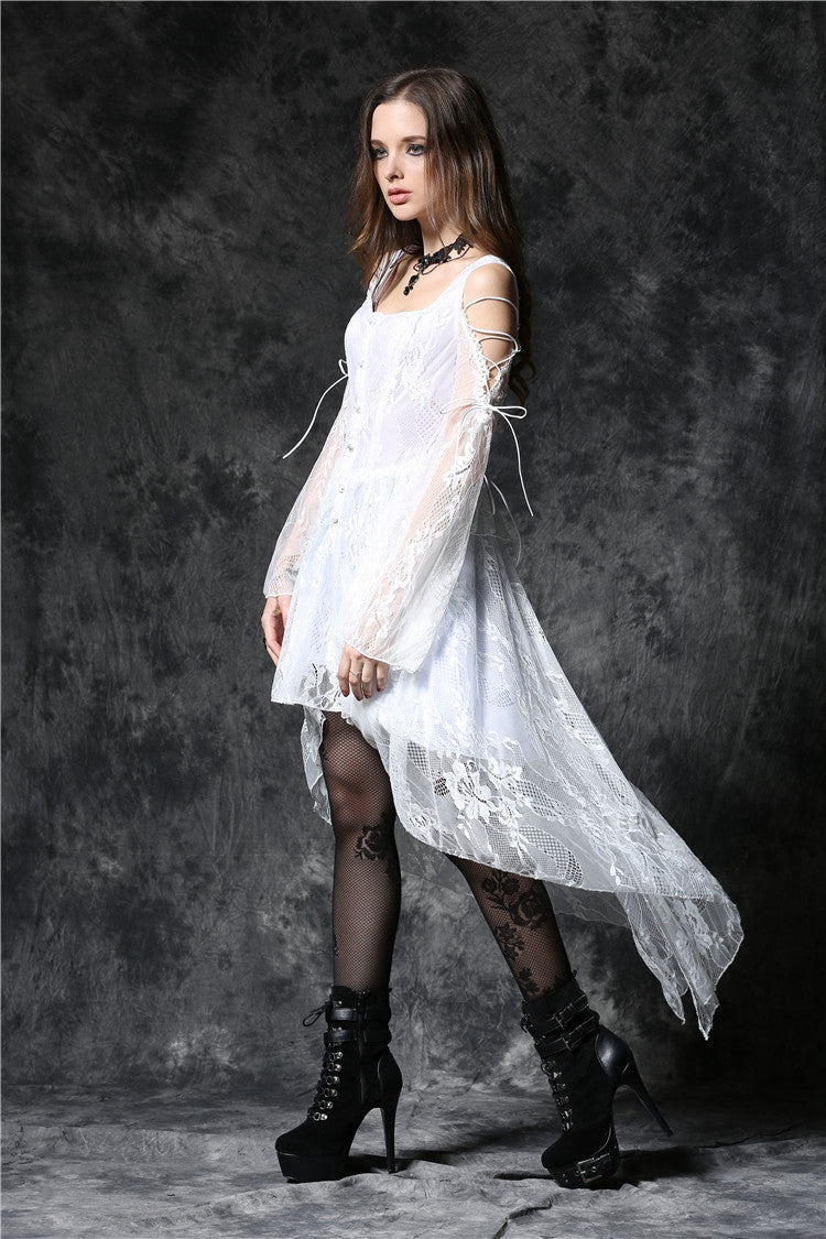 White Square Collar Sleeveless Overlay Embroidered Lace Women's Gothic Dress - Product - 12