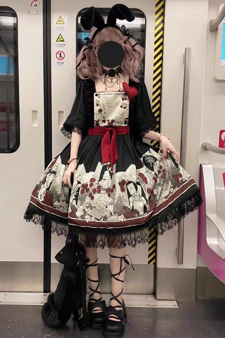 Black [Alice of the Asylum] Print Bowknot Lace Gothic Lolita Dress 2 Versions - Product - 6