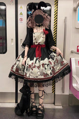 Black [Alice of the Asylum] Print Bowknot Lace Gothic Lolita Dress 2 Versions - Product - 6