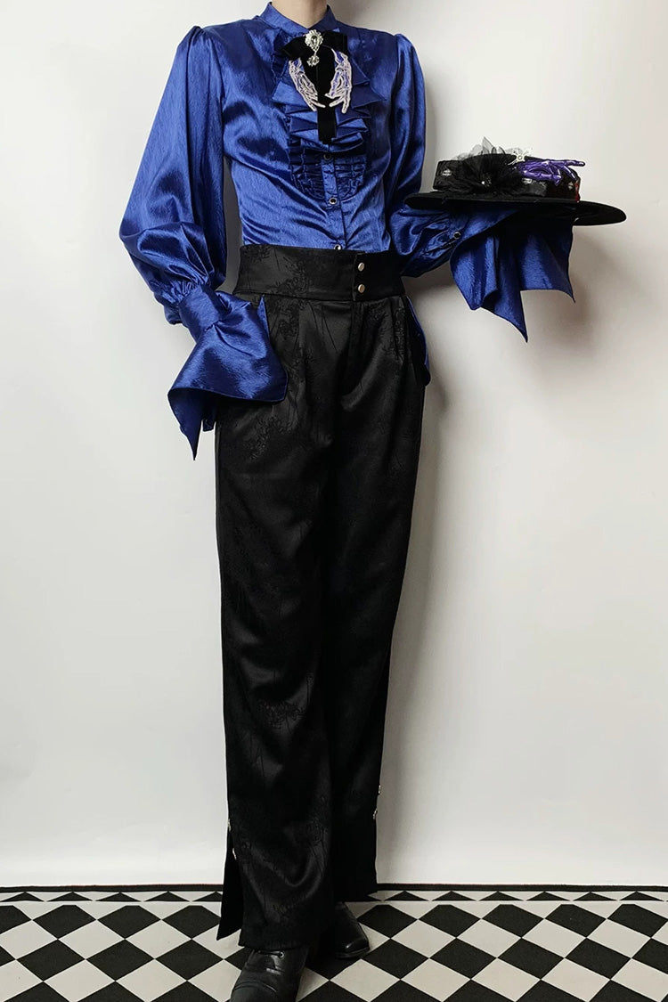 Black/Blue [Moonlit Return] Jacquard Printed Lace-Up Gothic Elegant Ouji Lolita (Blouse/Pants/Shorts/Vest) - Product - 5