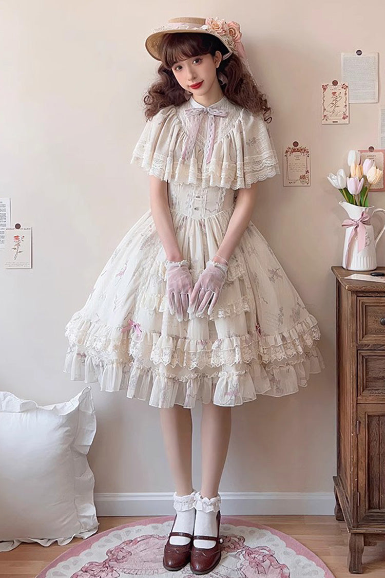 Multi-Color Bellflower Print Ruffle Lace Sweet Princess Lolita Dress - Multi-Color - 1