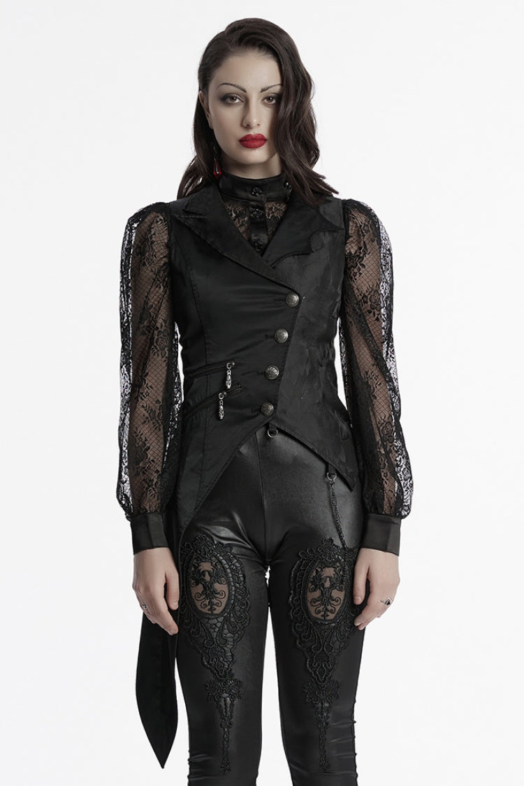 Black Bat Collar Sleeveless Asymmetric Women's Gothic Vest - Black - 1