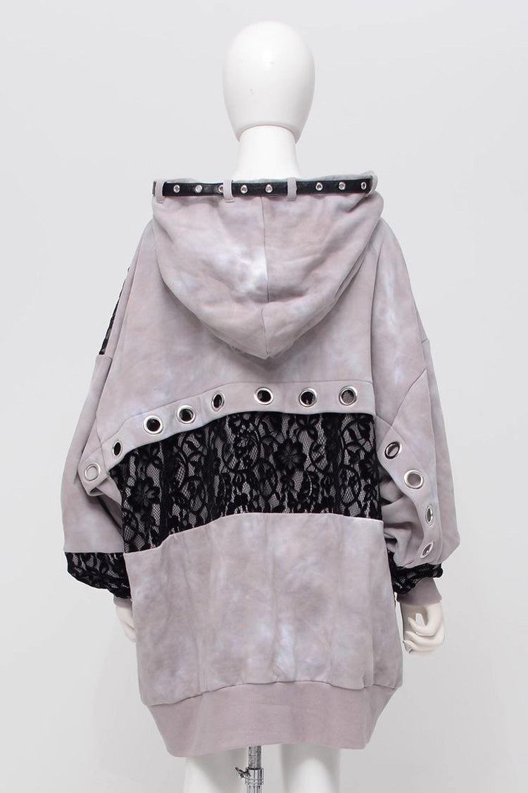 Color Blocking Long Sleeves Print Hooded Tie-dyed Zipper Jirai Kei Japanese Coat - Product - 7