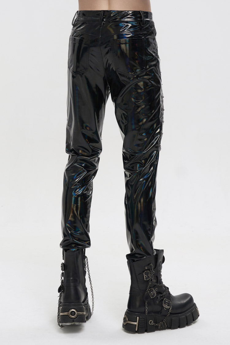 Black Stretch Symphony Metal Chains On Both Sides Versatile Leather Men's Gothic Pants - Product - 3