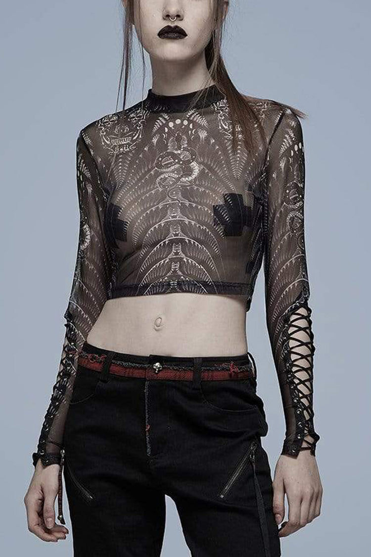 Black/White Gothic Personality Skull Print Pattern Elasticity Mesh Tight Sexy Perspective Tie Cord At Cuff Women's Shirt - Black - 1
