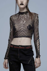 Black/White Gothic Personality Skull Print Pattern Elasticity Mesh Tight Sexy Perspective Tie Cord At Cuff Women's Shirt - Black - 1