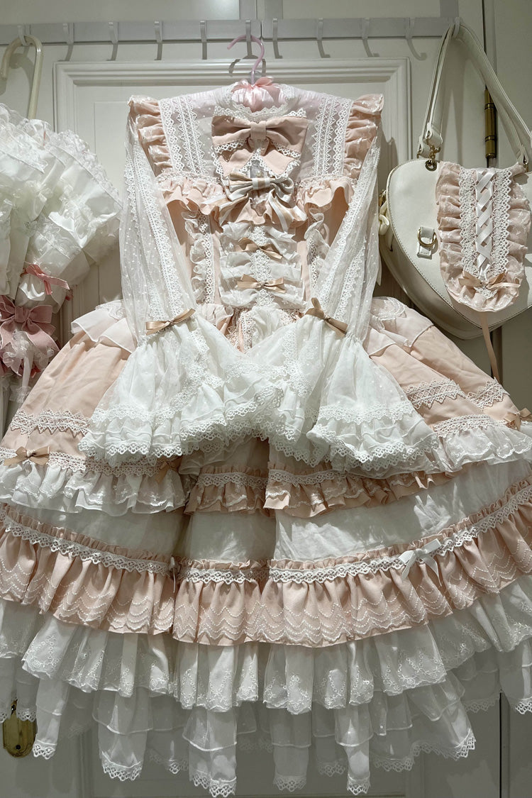 Pink Long Sleeves Multi-Layered Ruffle Bowknot Lace Sweet Lolita Dress - Product - 4