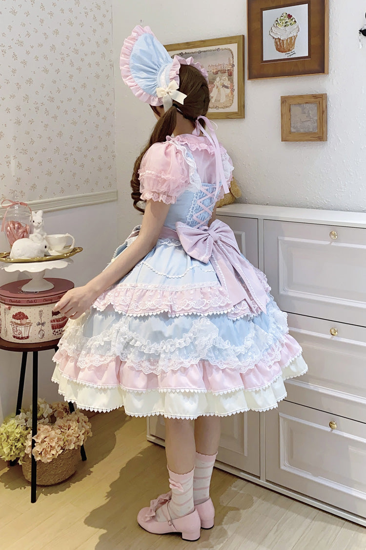 Blue/Pink [Fondant Cake] Sleeveless Multi-Layered Ruffle Bowknot Lace Sweet Lolita Jsk Dress - Product - 10