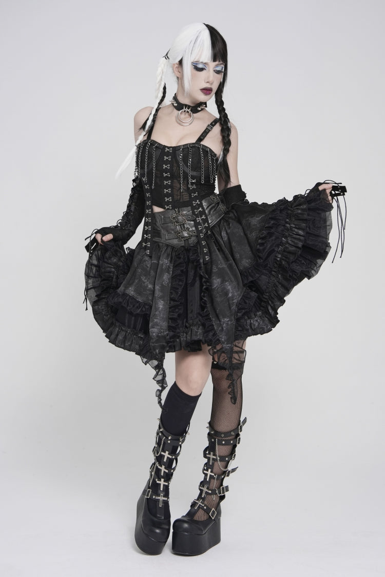 Black Multi-Layered Printed Spliced Lace Lace-Up Buckled Pleated Eyelet Women's Gothic Skirt - Product - 2